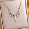 Gradient Diamond Feather Sword Pendant Necklace with Angel Wings Design