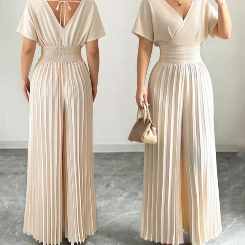 Pantaloni a gamba larga a vita alta alla moda, eleganti, tinta unita, scollo a V, manica corta, plissettati, tuta intera da donna, stile da pendolare