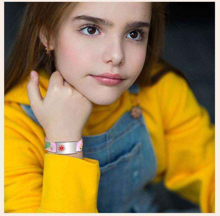 Customized Dinosaurs Medical Alert ID Bracelet , Adjsutable Silicone Bracelet, Food Allergy Engraved for Little Girl Boy