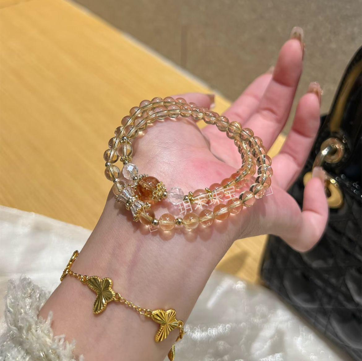 Brazilian Citrine Double Circle Bracelet - High-End Yellow Crystal for Good Luck and Luxury Style.