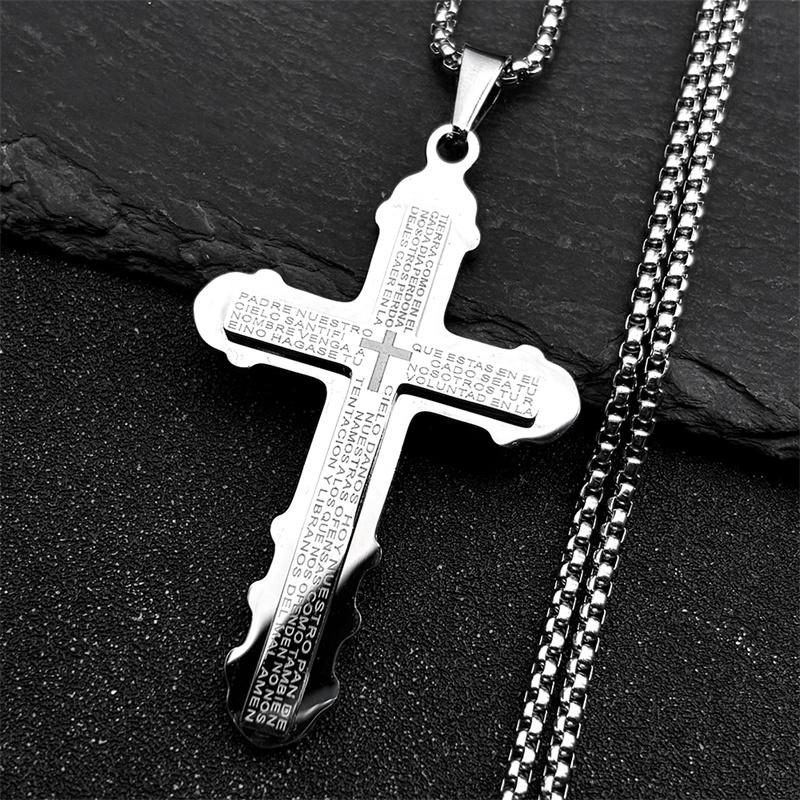 Catholic Spanish Bible Cross Pendants Necklace for Women Men Stainless Steel Chain Necklaces Prayer Amulet Jewelry Gift