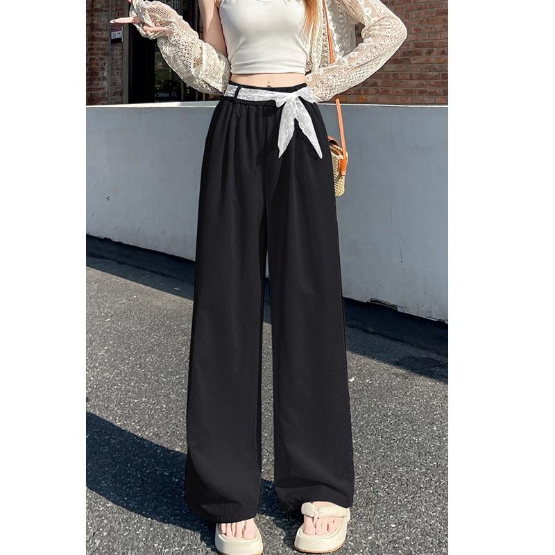 Lace Belt Wide-leg Pants for Women In Summer Ice Silk Cotton Linen High Waist Slimming Casual Lazy Straight-leg Pants