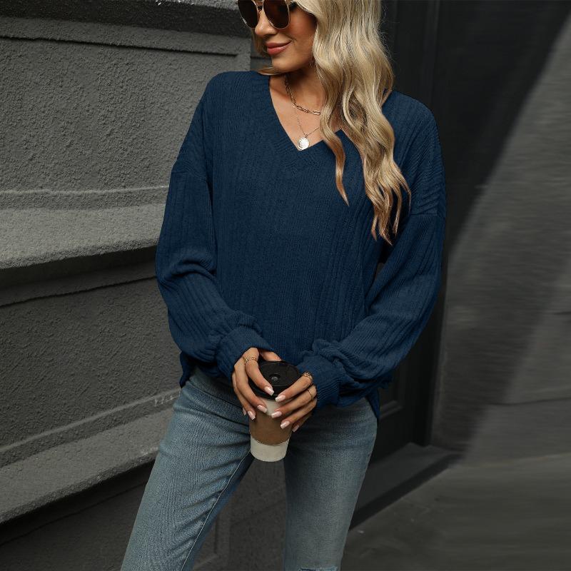 Autumn and Winter V-neck Loose Casual Long Sleeved T-shirt Women Fashion Elegant Simple New Solid Color Top Office Shirt Women's Clothing