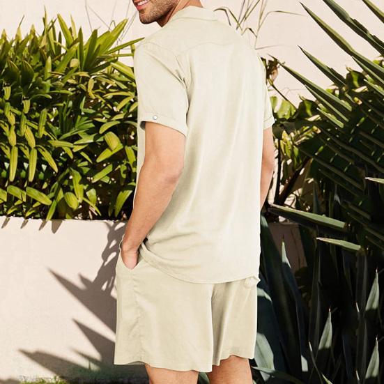 2 Pcs/Set Summer Shorts Suit Solid Color Turn-down Collar Single-breasted Soft Men Tracksuit for Beach
