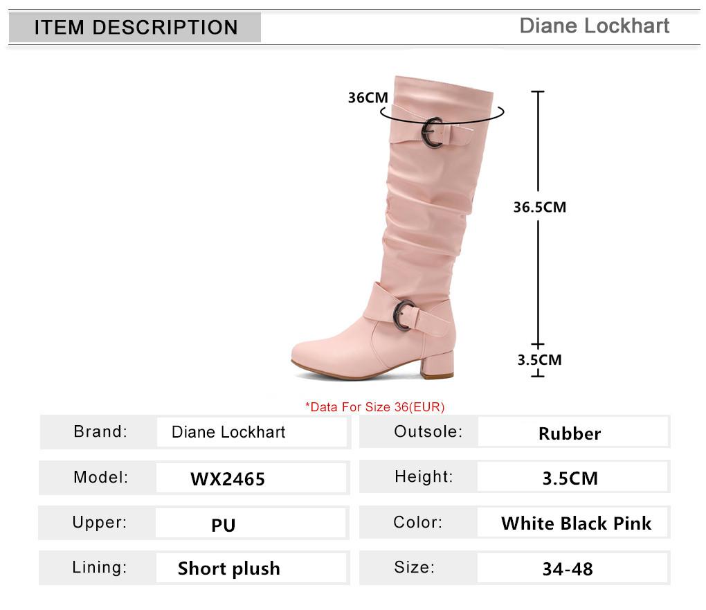 Classic Women Knee High Boots Ankle strap Buckle Round Toe Block Heels Size 34-48 Pleated Fashion Booties Autumn Winter New