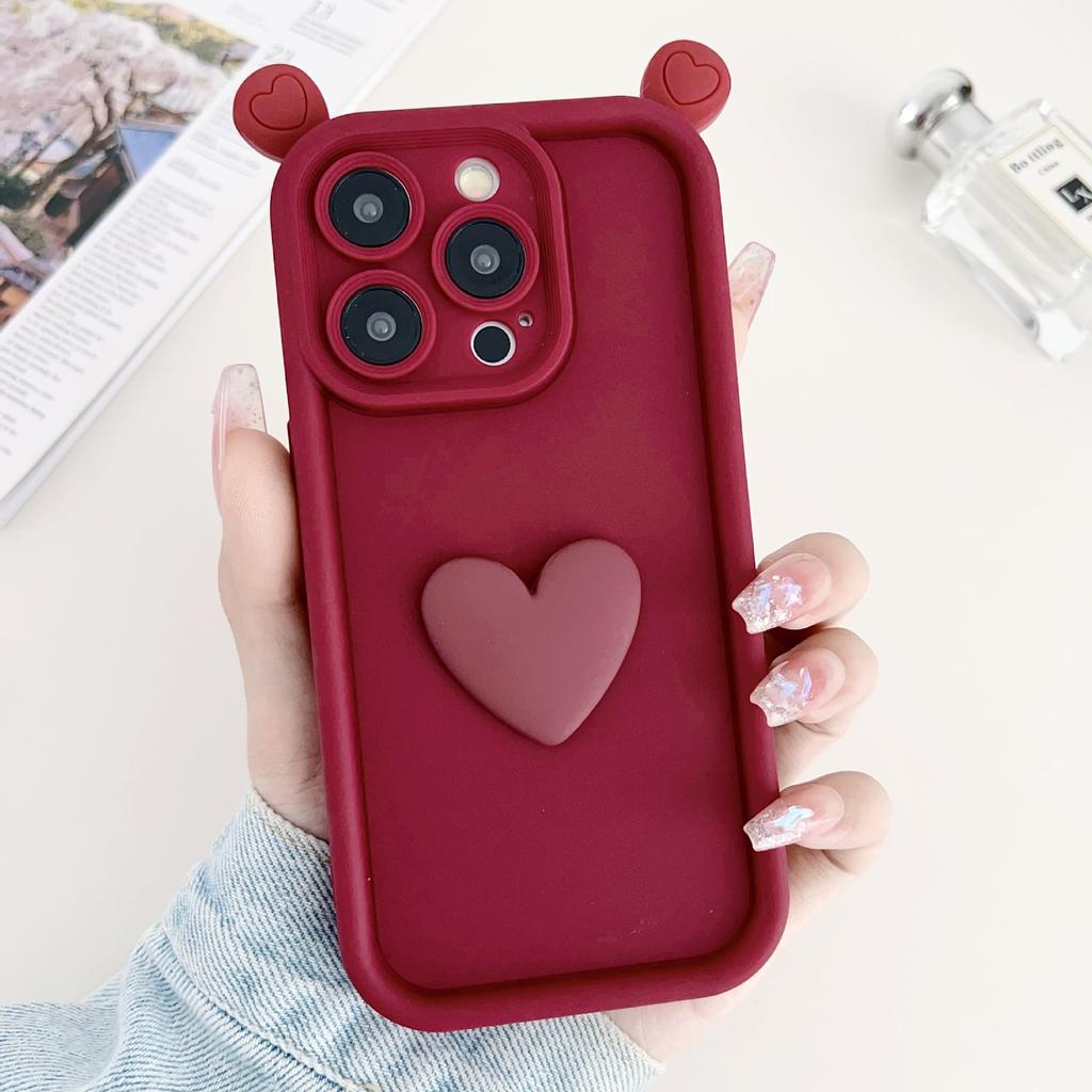 Burgundy Three-dimensional Ear Love Applies To iPhone17Promax Mobile Phone Case Apple 16/15 Cute 14/13
