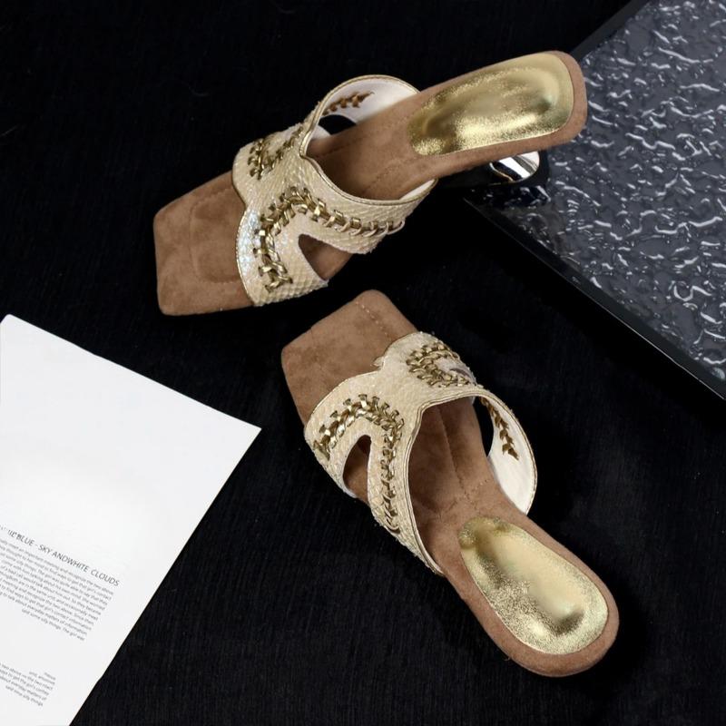 Wedge Heels Woven Sandals Women's Shoes Square-toed One-shoulder Slippers