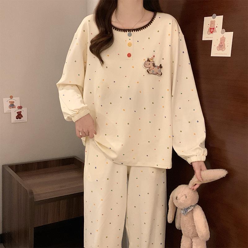 Women's Cute Polka Dot Pajama Set with Built-in Bra, Long Sleeve, Versatile for Indoor & Outdoor Wear - Spring/Autumn 2026 Collection