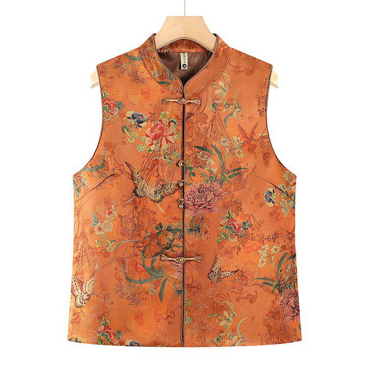 

Spring/Autumn Plus Size Sleeveless Retro Print Tang Suit Top for Middle-Aged and Elderly Women 3XL [Recommended 120-130 lbs] жовтий