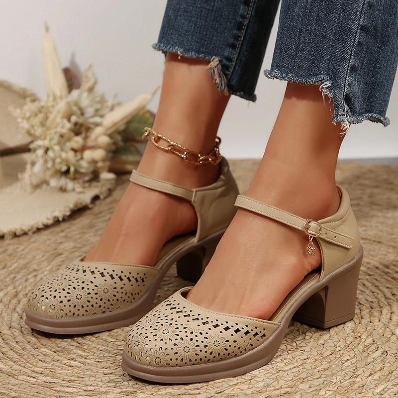 Ankle Strap High Heels Sandals for Women 2025 Summer Hollow Out Breathable Pumps Woman Comfortable Chunky Heeled  Shoes
