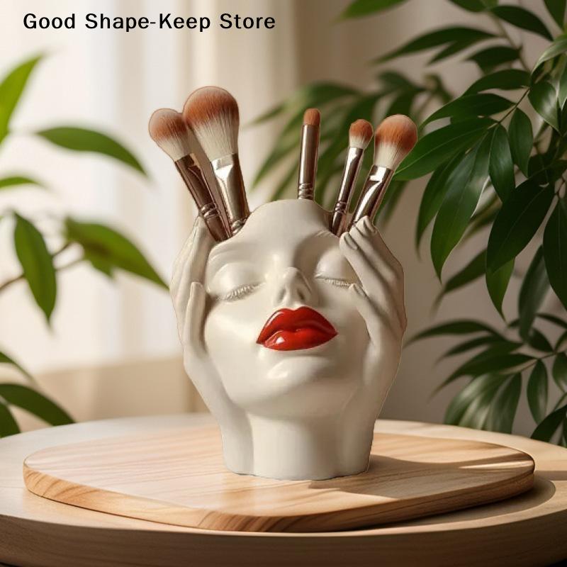 Female Contour Design Pen Holder Elegant Face Vase Decoration Handcrafted Artistic Female Form Head Vase Makeup Brush Holder