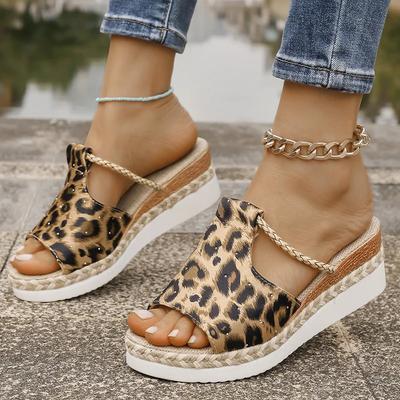 Chinelos de Salto Alto com Estampa de Leopardo Moda Feminina Verão Peep Toe Sandálias Plataforma Feminina Leves Antiderrapantes Sandálias de Praia Tamanho Grande