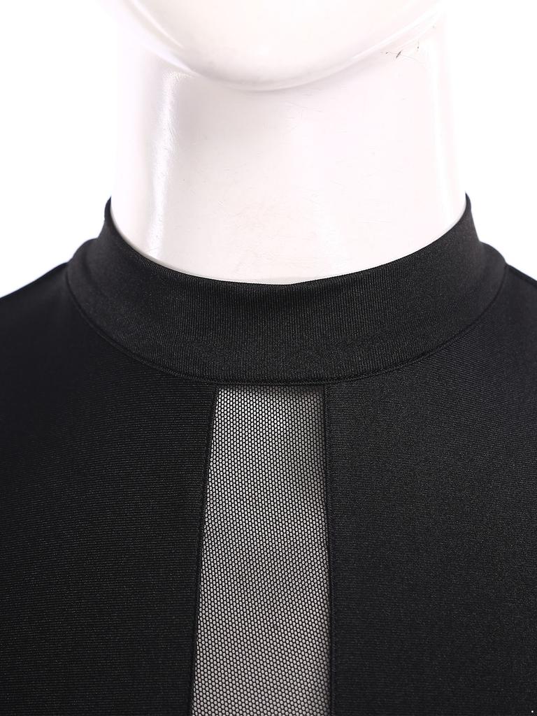 Women Shiny Sequin Leotard Gymnastics Dance Performance Outfit Mock Neck Sleeveless Sheer Mesh Waist Cutout Back Bodysuit