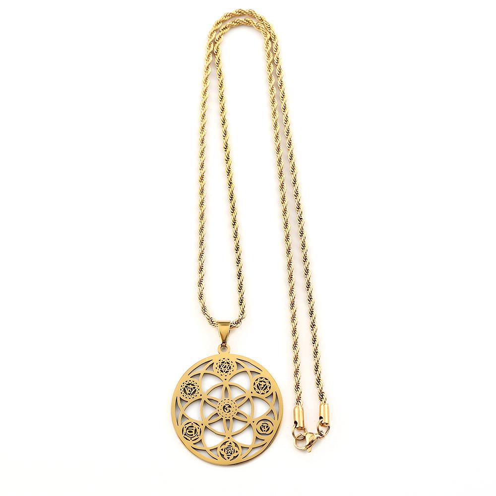 Yoga Flower of Life 7 Chakras OM Stainless Steel Mandala Necklace for Women Men Sacred Geometry Spiritual Healing Chain Jewelry