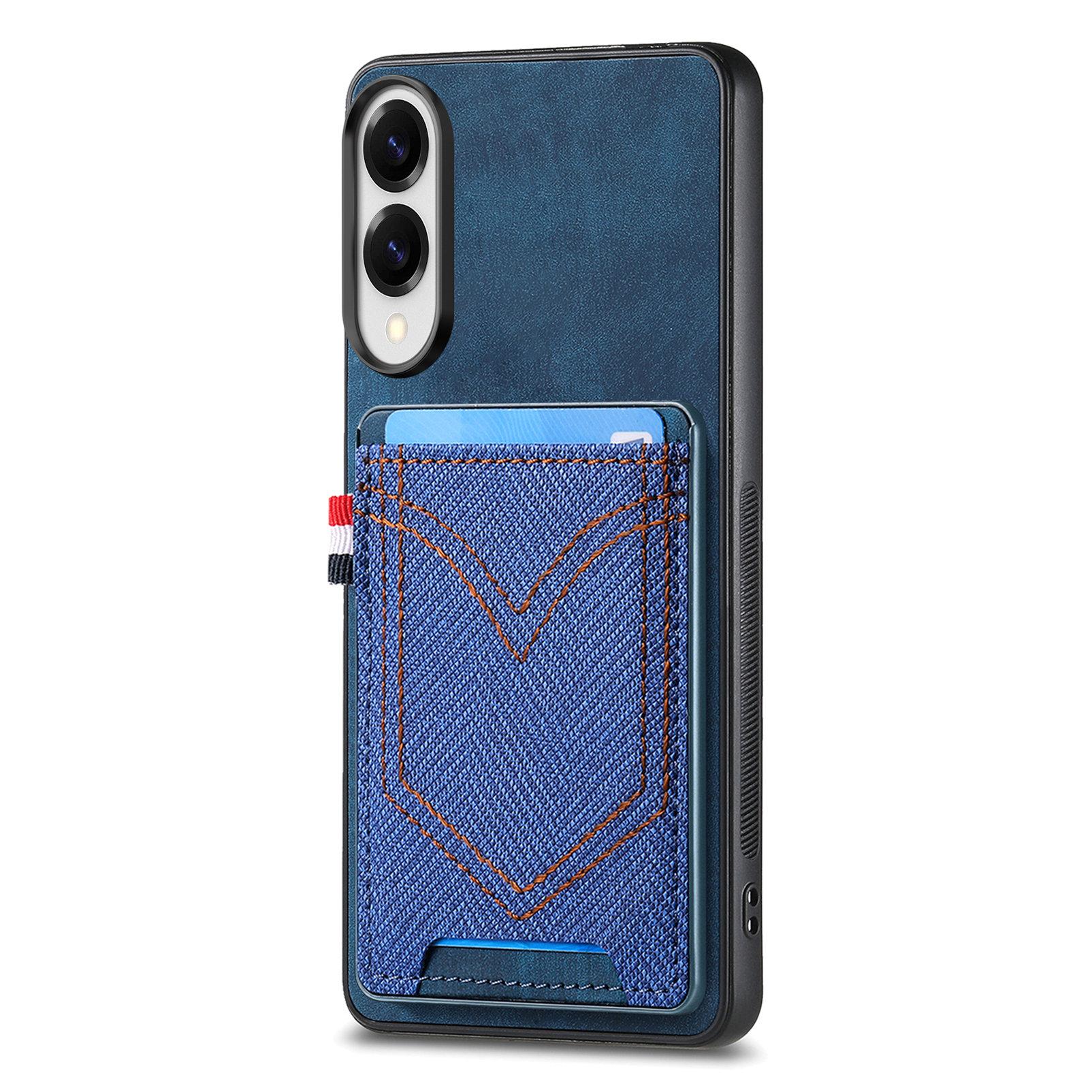 

For Samsung Galaxy S25 Edge Phone Case Retro Jean Cloth Texture Leather Back Cover with Card Holder Blue