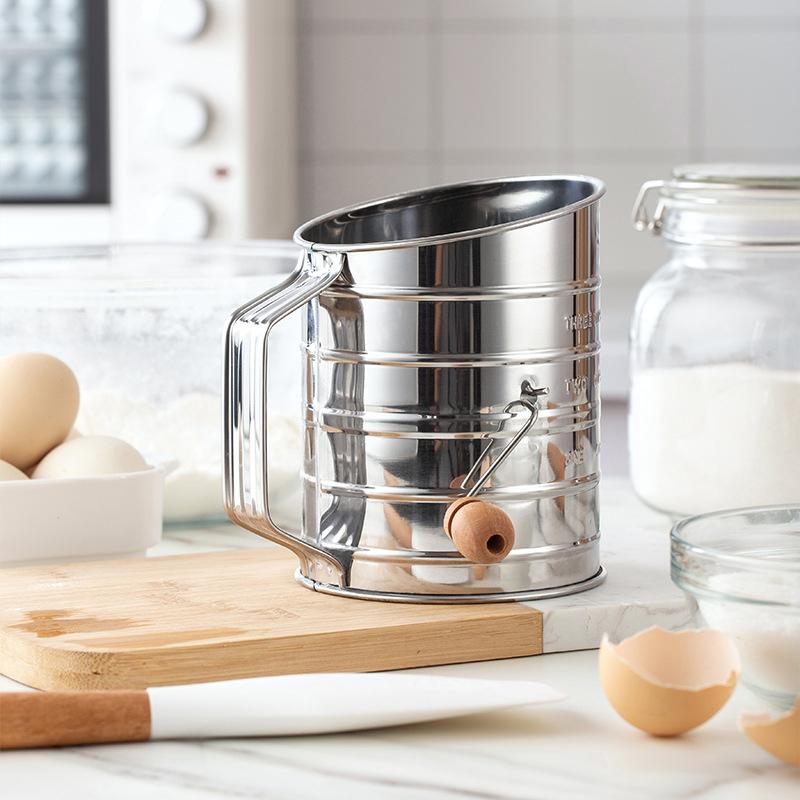 Stainless Steel Sifter with Measuring Scale Handheld Semi-Automatic Flour Sieve Cup Sugar Mesh Sieve Baking Sieve Strainer