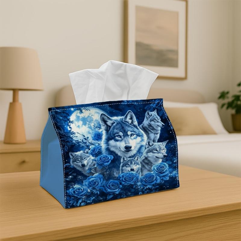 1pc Fantasy Mystical Dramatic Tissue Box-Wolf Animal Rose Illustration,Durable Napkin Organizer for ,Kitchen,Dining,Home Decor-Decorative Tabletop Pa