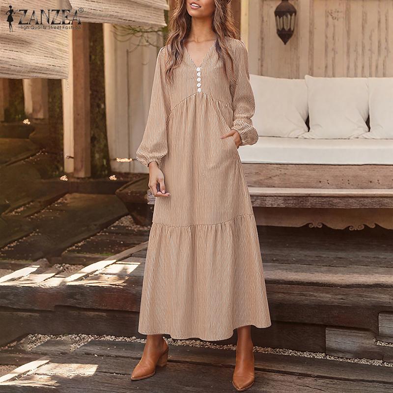 ZANZEA Rochie Lungă Casual cu Mâneci Lungi și Gât în V, Largă, cu Dungi