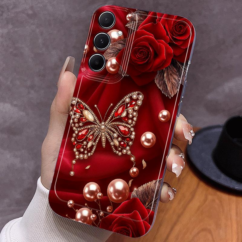 Butterfly Pearl Rose Pattern Phone Case for Samsung Galaxy S26 S25 S24 S23 S21 S20 fe/plus/Ultra Anti Drop Transparent Soft Case
