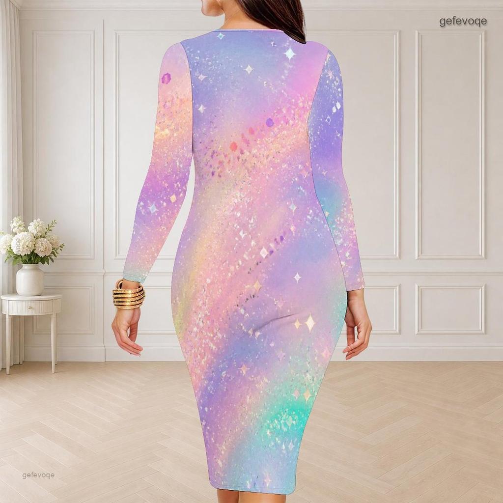 Women Plus Size Round Neck Long Sleeve Multicolor Printed Bodycon Midi Dress