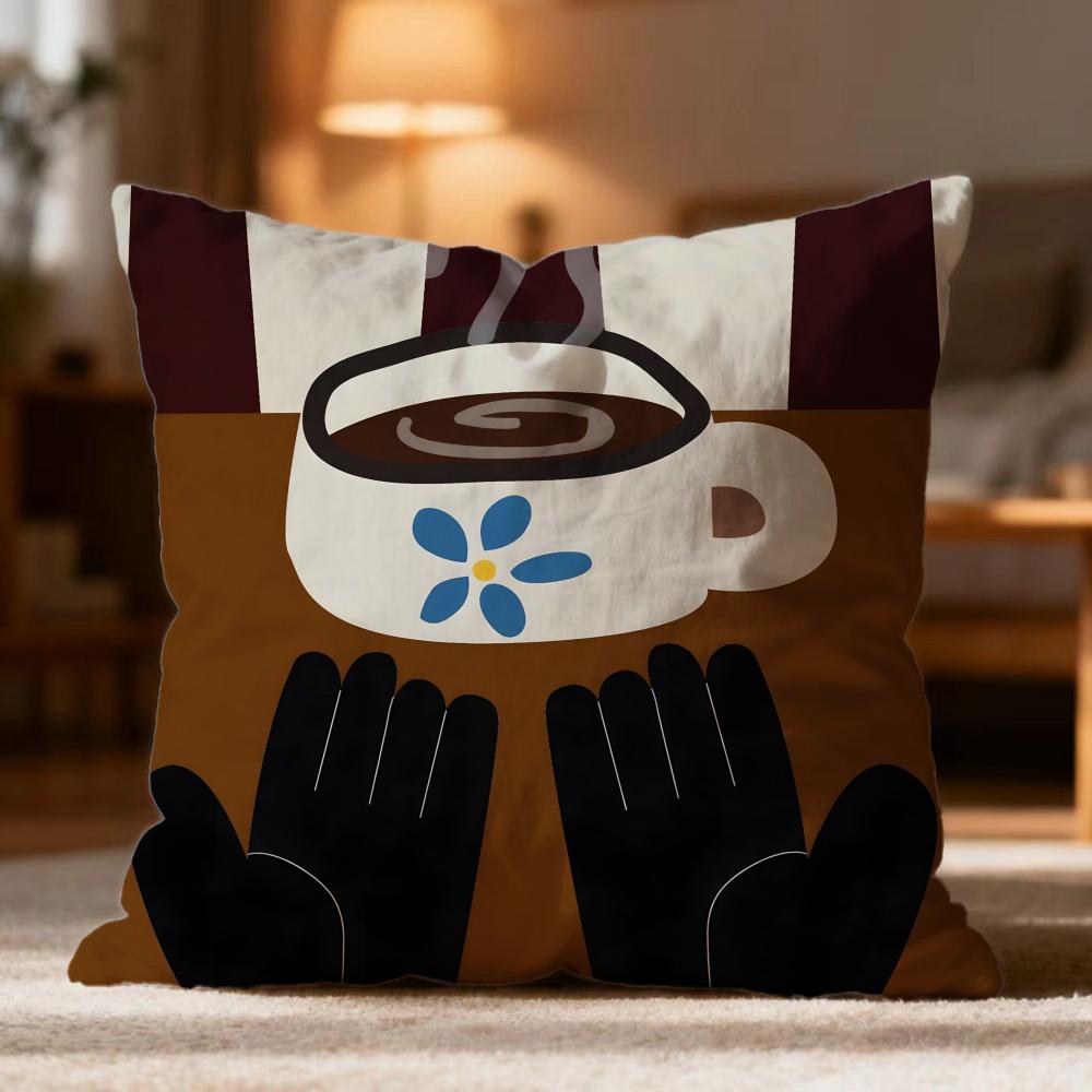 Fashion Coffee Illustration Cushion Cover Soft Washable Pillow Case Multi-Scene for Couch Bed Travel Office Use