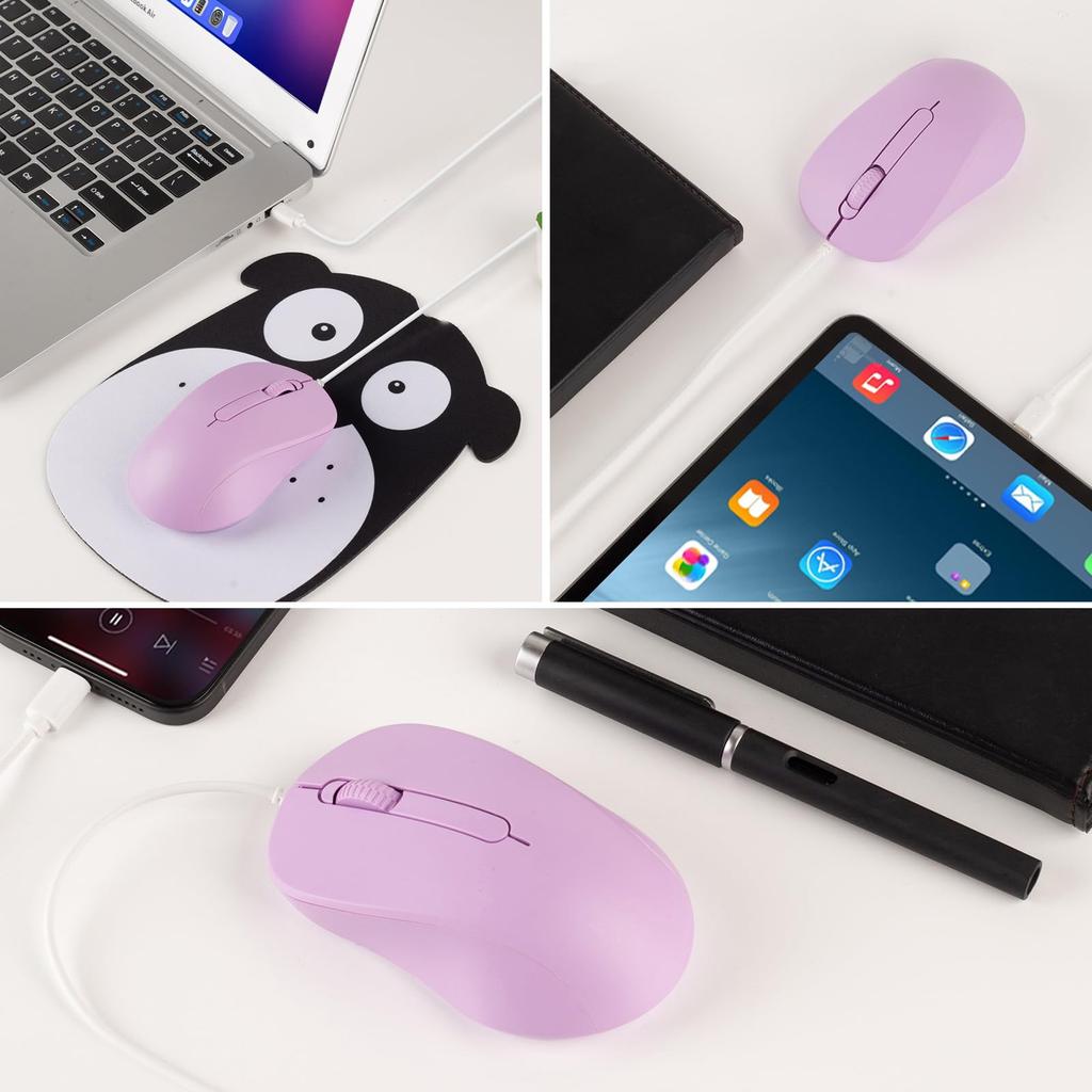 Quiet Wired Mouse with Fixed DPI Ergonomic Easy Compatible with Mac and Tablets Type-C Cable, 1.5 Meter, Symmetrical, 1000, Design, Connection,