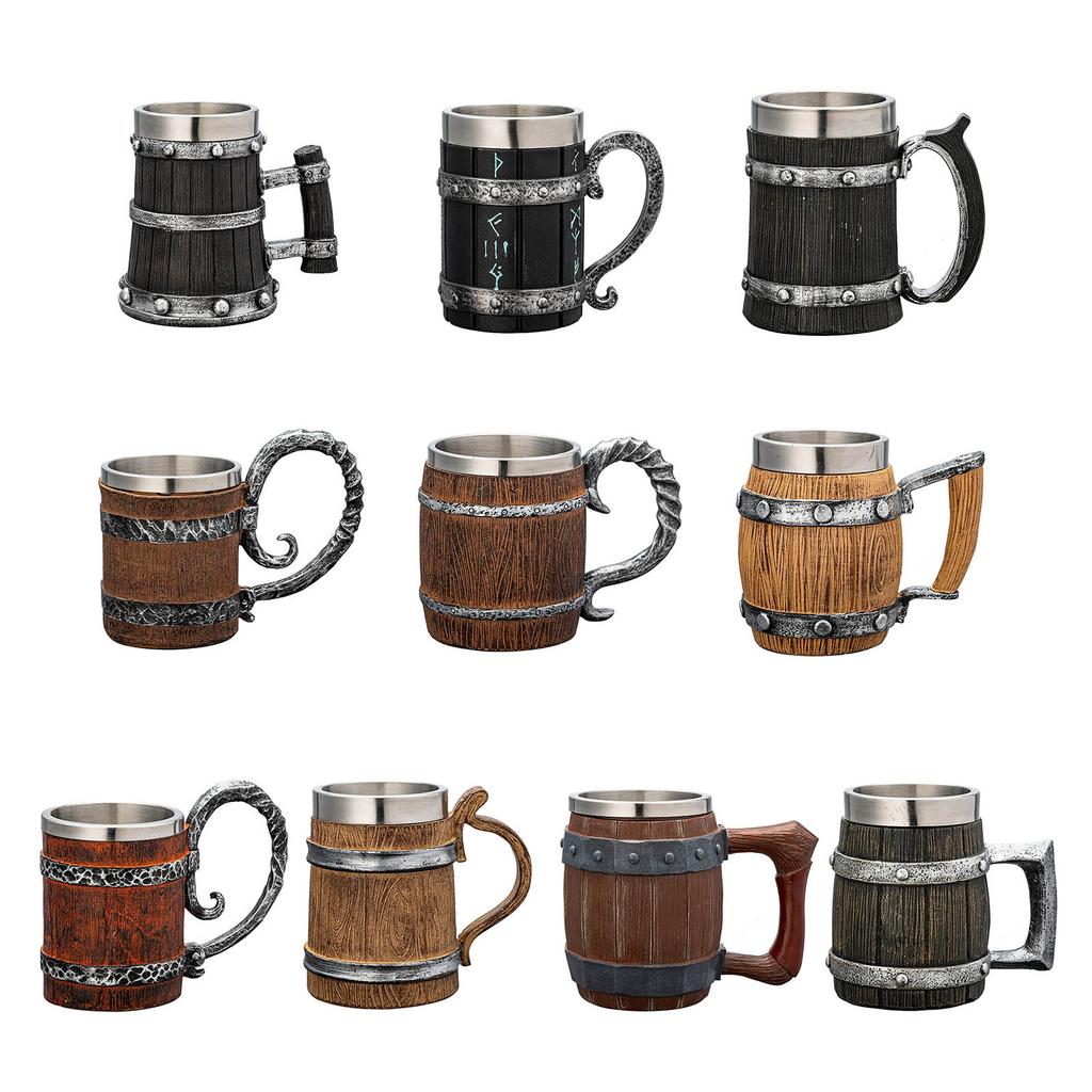 Insulated Nonrust Steel Beer Cup Retro Wood Texture Design Oversized Capacity Resin Reinforced Exteriors For Camping Parties