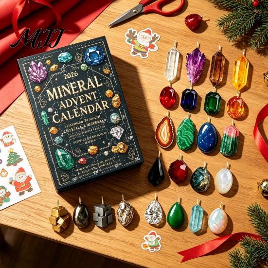 Mineral Lovers Gift Idea Gemstone Advent Calendar, 24-Day Christmas Countdown Set with 2D Decorative Display Acrylic Ornaments, Tree Hanging