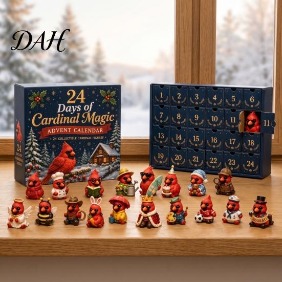 Christmas Tree Hanging Ornaments Red Bird Advent Calendar, 24 Unique Miniature Figures Figurines, for Holiday Gifts Theme Dolls