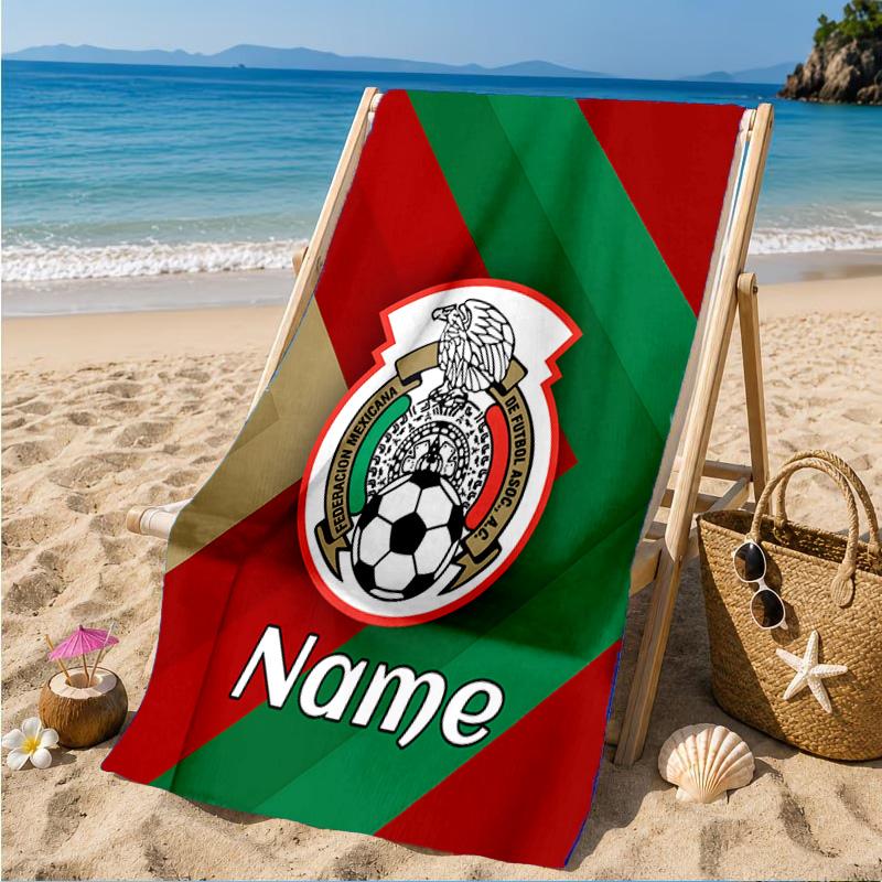 Custom Name Beach Towel Mexico Football Crest Microfiber Beach Towel, Lightweight for Summer Travel, Swimming Pool Fan Birthday Gift