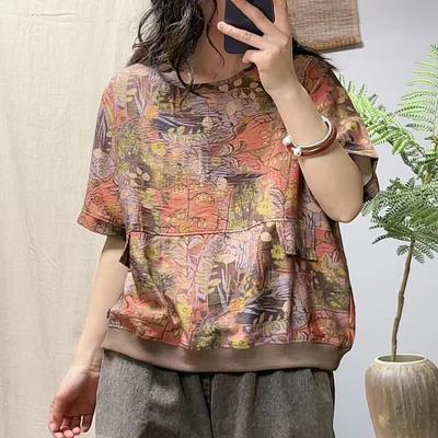Summer New Retro Casual Tops Knitted Cotton Threaded Edge Printed Short Sleeve T-shirt for Women