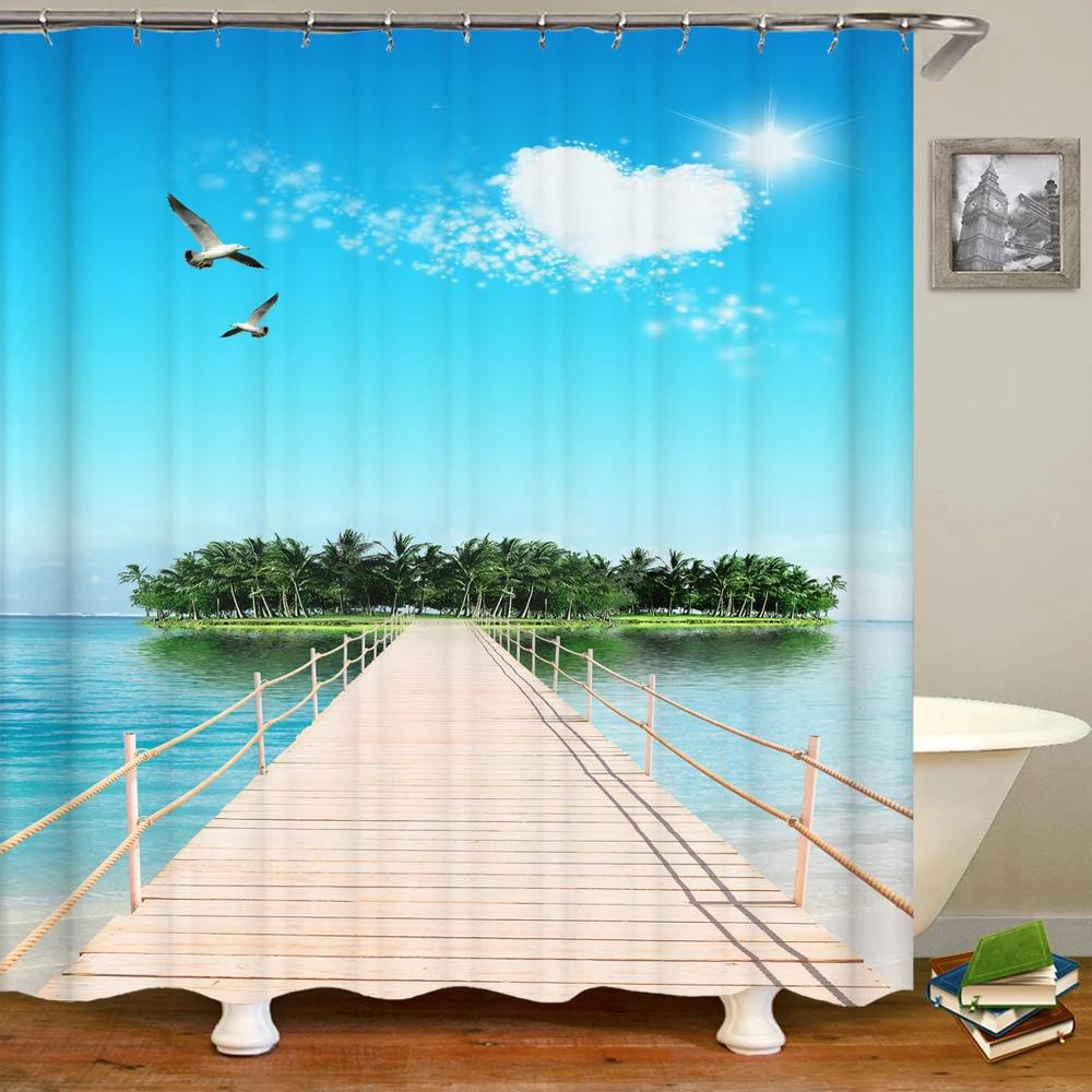 3D window opening scenery beach landscape printing shower curtain washable fabric curtain bathroom decoration with hook curtai