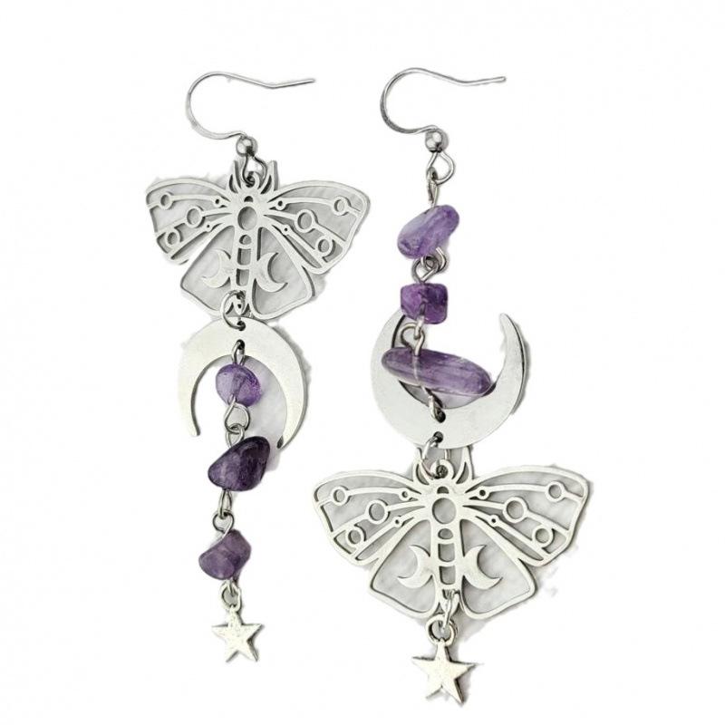 Mismatched Amethyst Silver Luna Moth Earrings – Mindfulness Gift