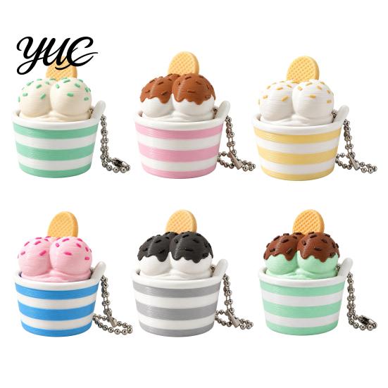 Small Gift for Party Favors 3D Printed Ice Cream Cup Fidget Clicker Keychain, Cute Dessert Stress Simulated Food Keychain Relief Click Toy, Mini Desk
