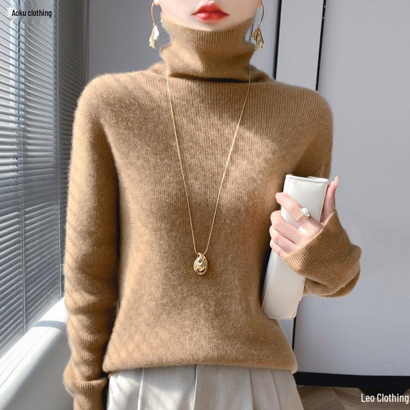 Women's High Neck Slim Striped Turtleneck Knitwear Sweater - Soft and Fluffy Long Sleeve for Autumn and Winter.