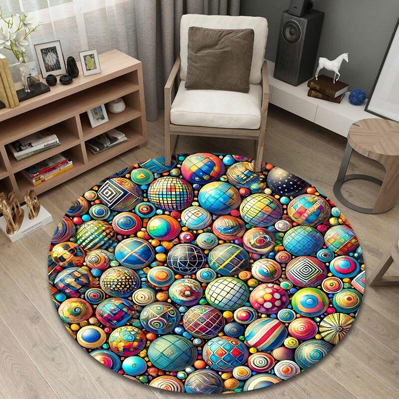 Minimalist Round Christmas Multicolor Area Rug, Non-Slip Floor Mat for Dining Room