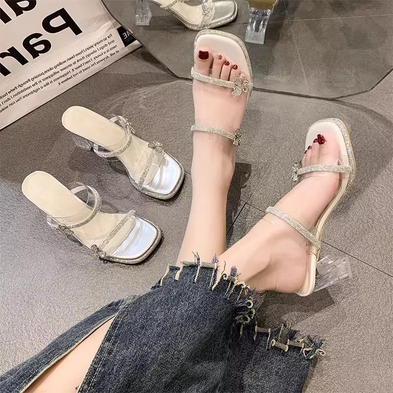 Fairy wind high-heeled slippers female summer wear 2025 new transparent rhinestone one-word drag crystal thick-heeled cool slippers