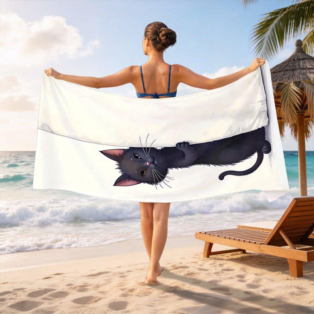 Funny Black Cat Beach Towel - Peeking Cat Print, Cute Pet Design, Soft Microfiber, Multiple Sizes