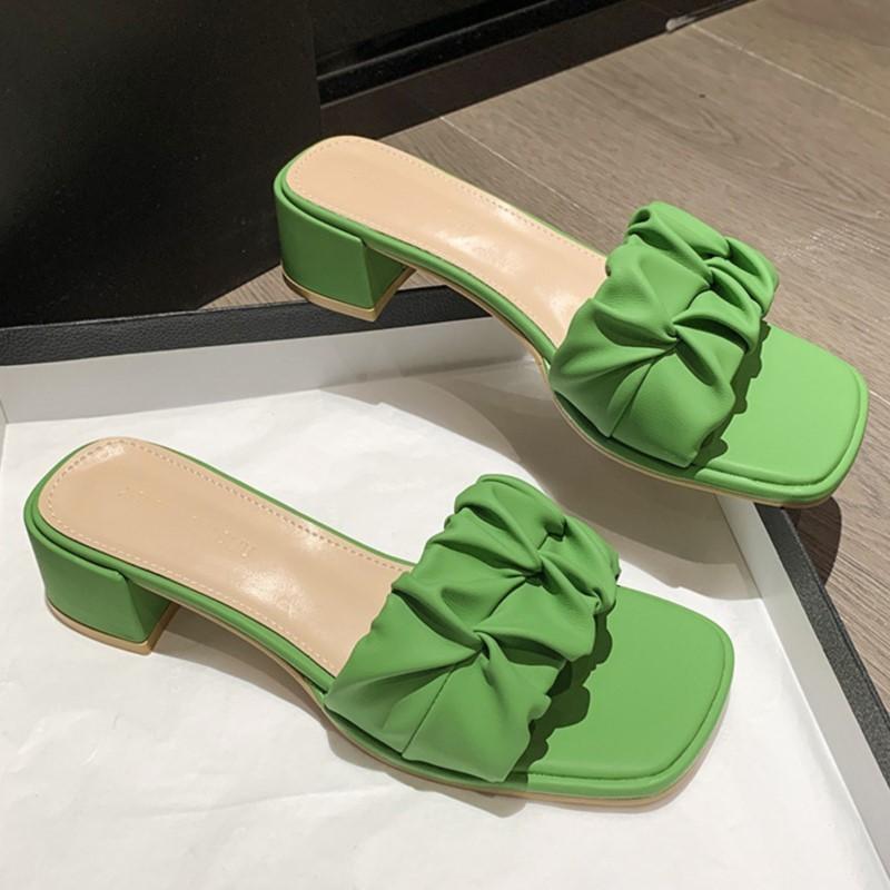 Fashion Womens Plus Size Square Toe Crinkle Strappy Slides Korean Summer 2025 Slip-On Sandals Comfortable Outdoor Casual Lazy Slippers