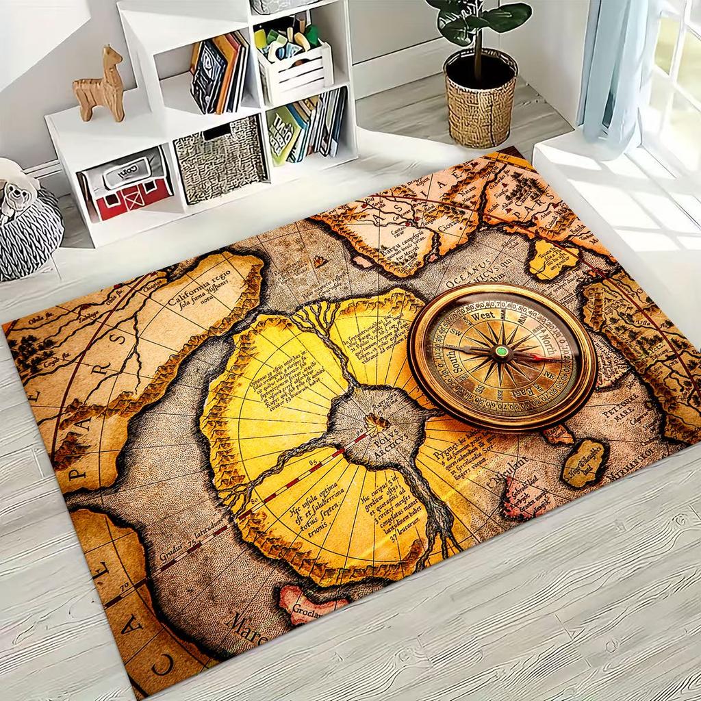 Retro Nautical Map Chart Treasure Map Compass Moto Rug for Bedroom Living Room Sofa Home Doormat Decor,Kids Non-slip Floor Mat