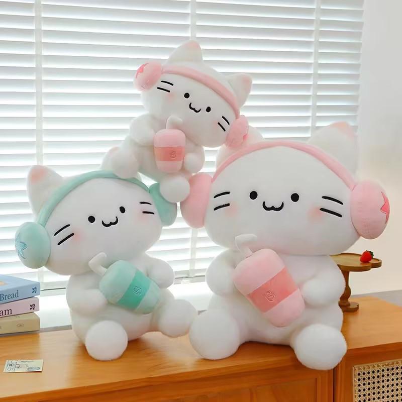 New Cute Headphones Cat Plush Toy Doll Sitting Style Kitten Couple Gift for Girlfriend