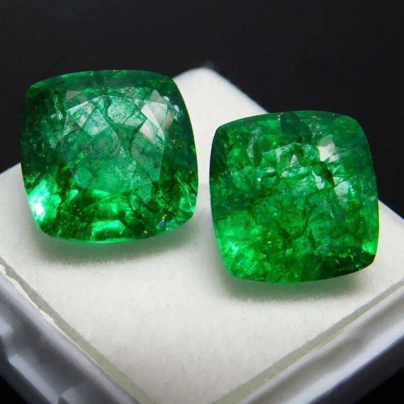 Natural Colombian Green Emerald Cushion 9 Ct Pair Certified Stunning Gemstone