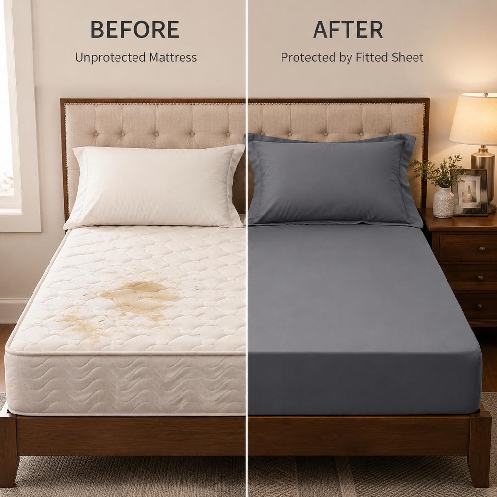 Brushed Washed Cotton Fitted Sheet, All Seasons Full Wrap Mattress Protector Cover with Pillowcase, Dustproof Anti-Dirty Bed Linen