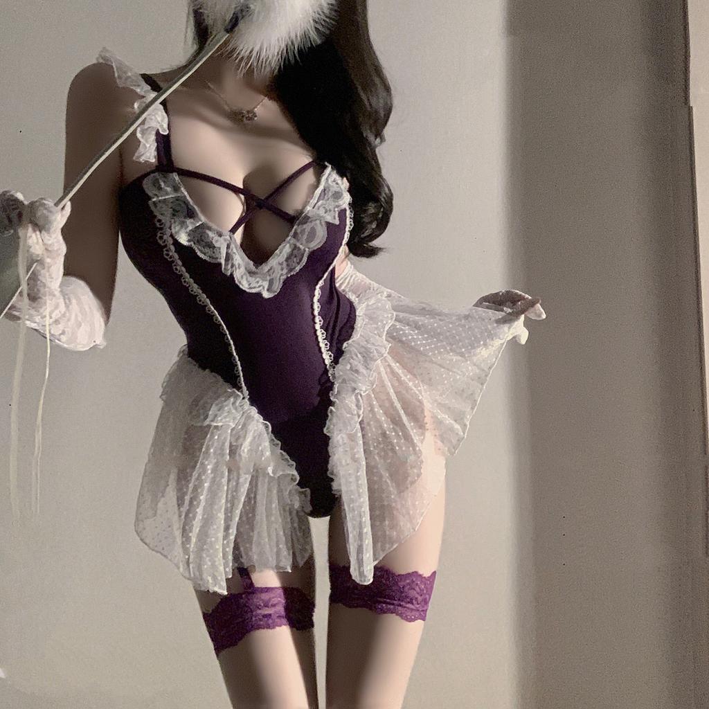 Large size new sexy lingerie bunny girl showing big breasts uniform temptation lace ruffle edge suspender onesie