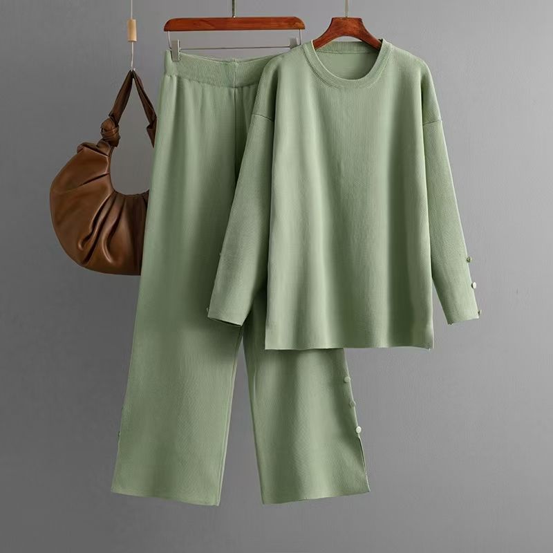

Fashion Wind New Arrival Fashion Knitted Loose Top and Trousers Suit Knitted Top and Pants Set Green One size