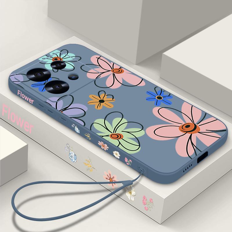 Lanyard Soft TPU Case For Xiaomi Redmi Note 14 13 Pro Plus 12 14 Pro 5G Note 13 11 13C 4G Cartoon Flower Patterned Phone Cover