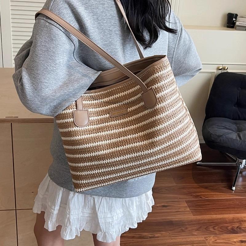 New straw bag women's summer striped casual simple versatile shoulder bag large capacity seaside vacation beach bag