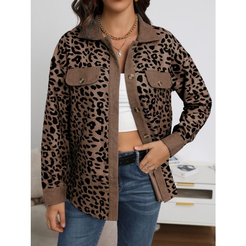 Plus Size Leopard Print Button-Up Jacket with Long Sleeves for Autumn/Winter
