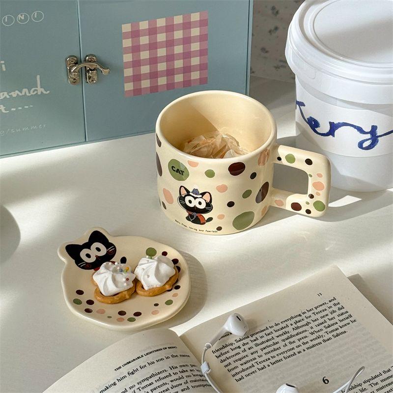 Cat Mug with Lid Polka Dot Ceramic Cup, Cartoon High-value Couple Water Cups Birthday Gift for Girls Birthday Present Drinkware