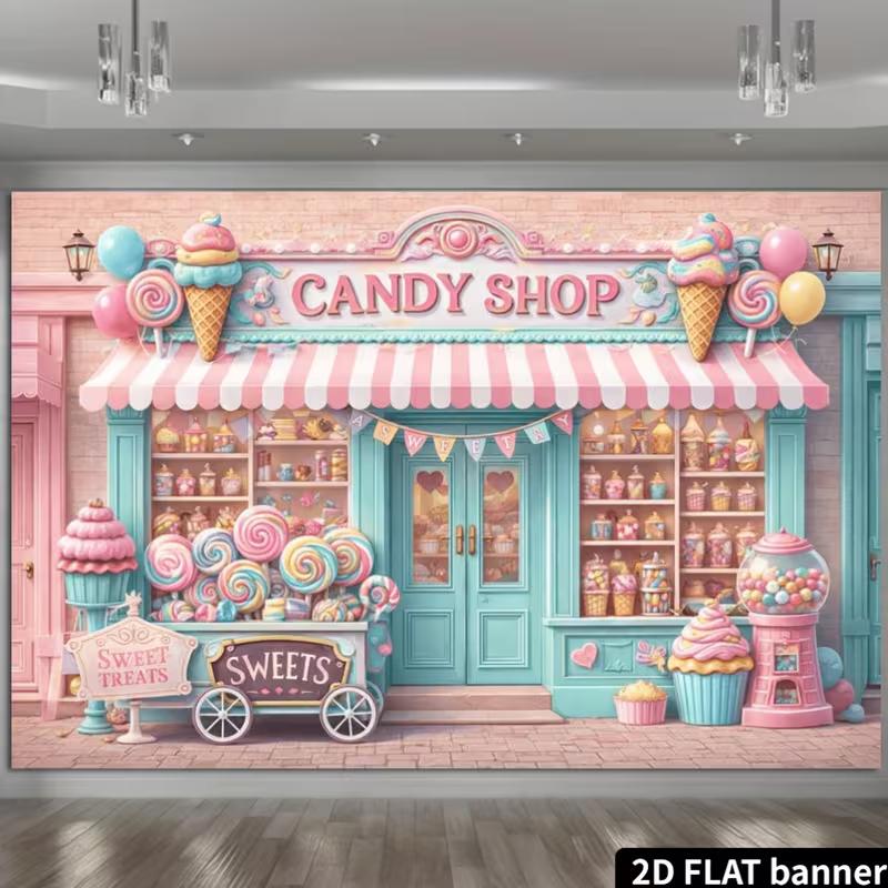 2D Sweet Treats Candy Shop Backdrop for Candy Themed Party Photography